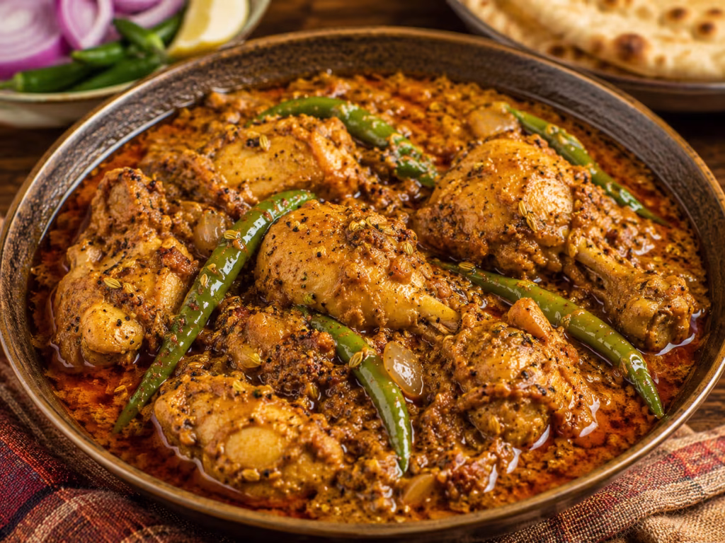 Pakistani-style achari chicken with tangy curry, green chilies and aromatic pickle spices