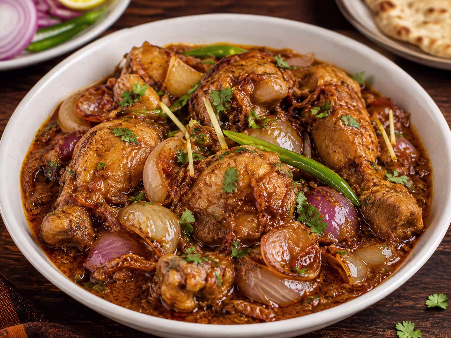 Pakistani-style chicken do pyaza with tender chicken and caramelized onion pieces