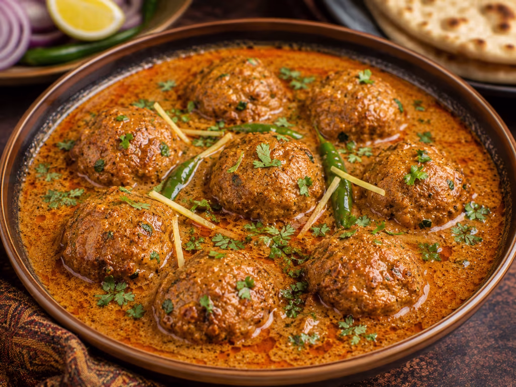 Pakistani-style chicken kofta curry with tender chicken meatballs in rich spiced gravy