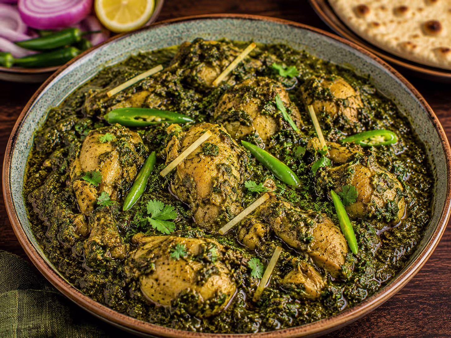 Pakistani-style chicken saag with tender chicken, leafy greens and aromatic spices