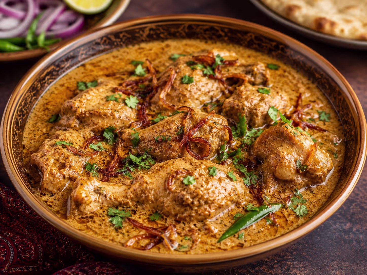 Pakistani-style chicken korma with creamy yogurt gravy, onions and aromatic spices
