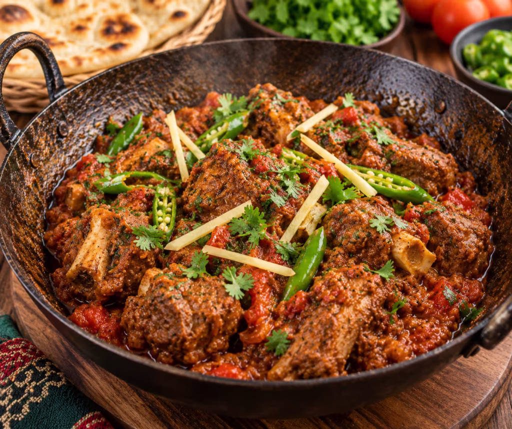 Authentic Pakistani beef karahi with tender beef tomatoes ginger green chilies and coriander