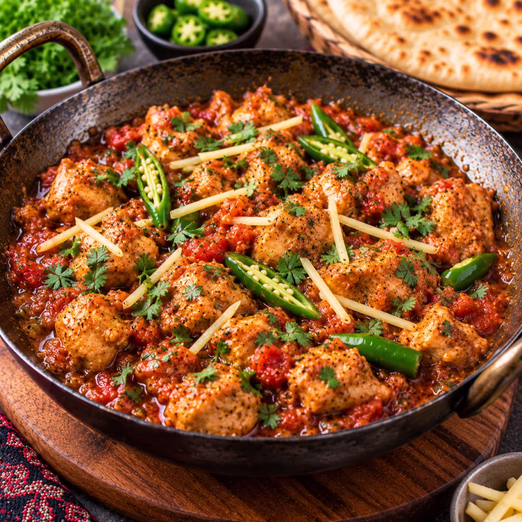 Boneless chicken karahi with tomatoes, green chilies, ginger, and fresh coriander
