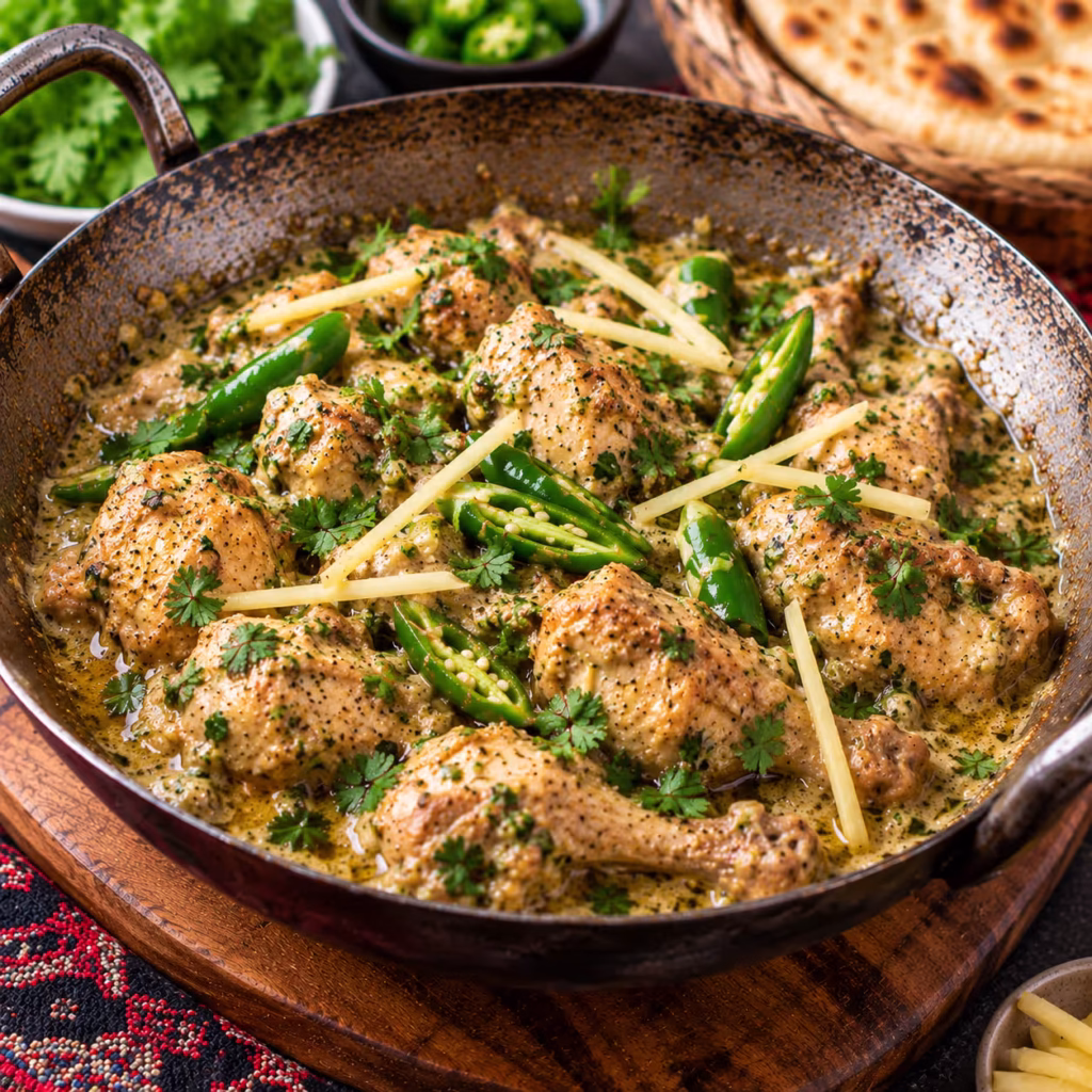 Chicken karahi without tomatoes with yogurt, green chilies, ginger and fresh coriander