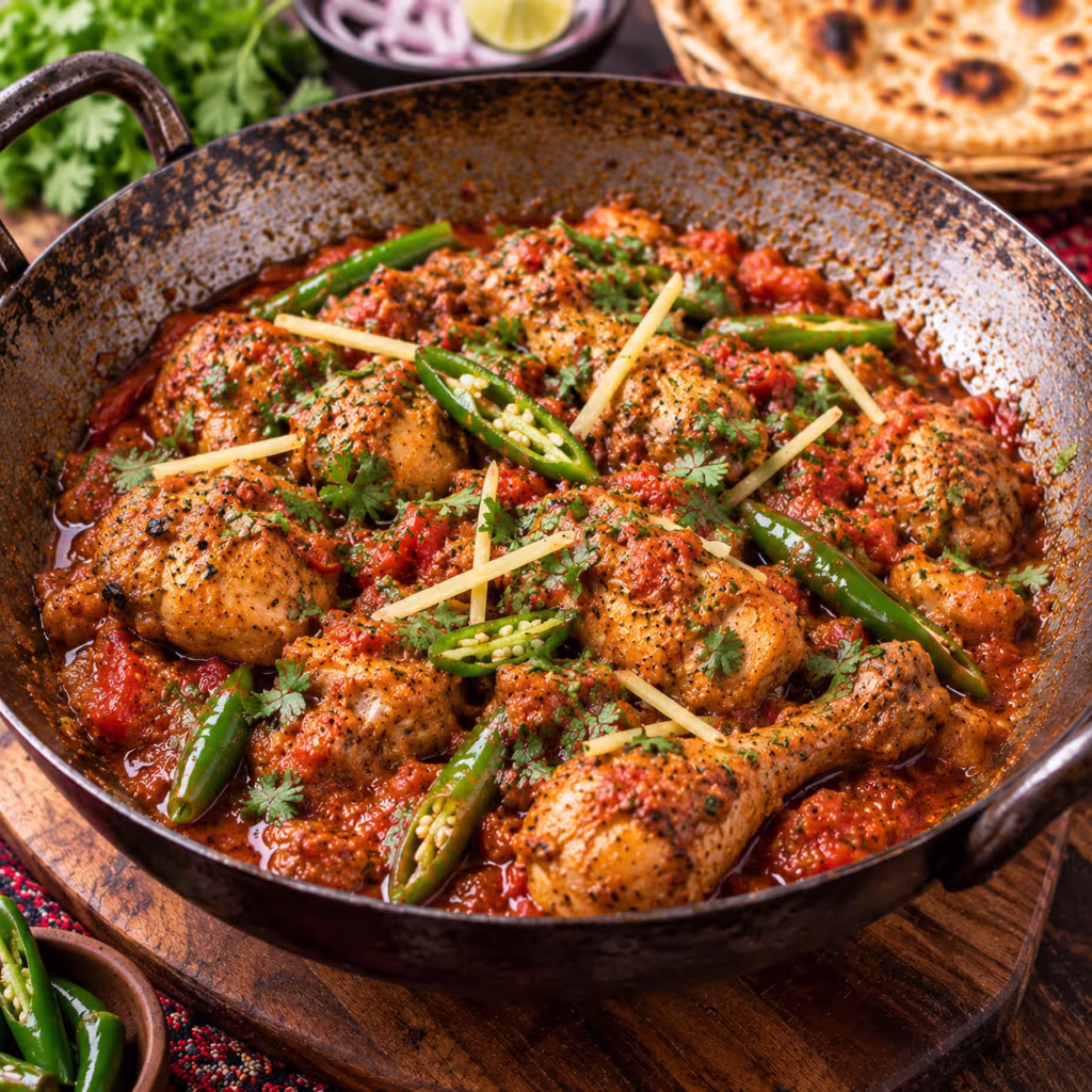 Dhaba style chicken karahi with tomatoes, green chilies, ginger and coriander