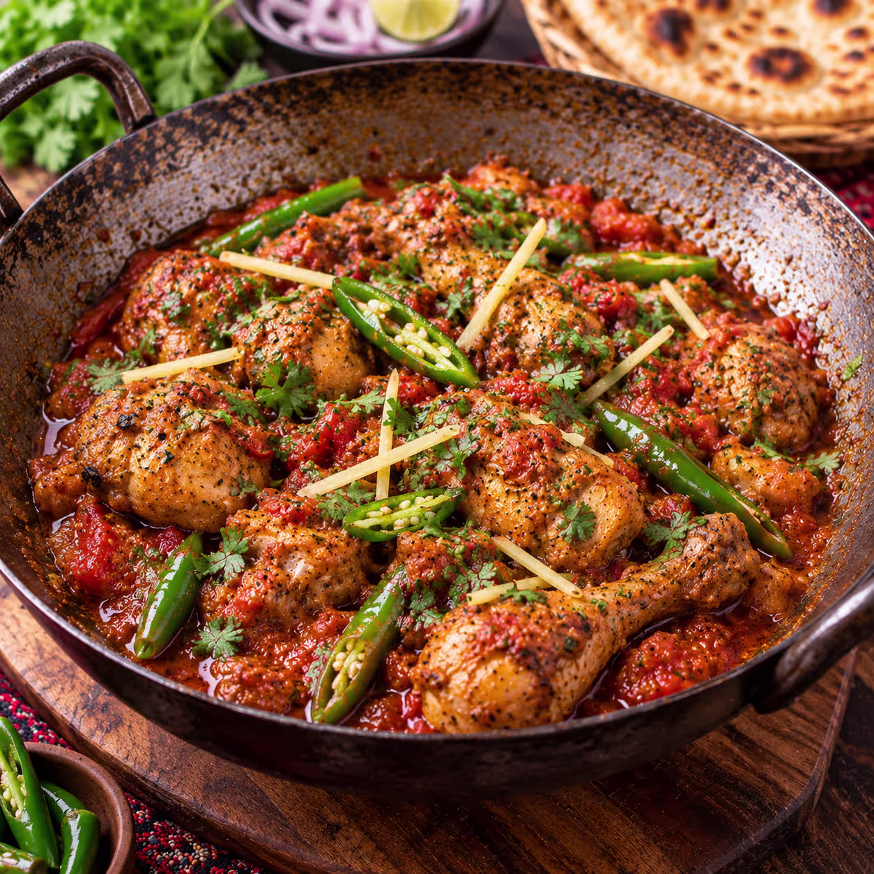 Dhaba style chicken karahi with tomatoes, green chilies, ginger and coriander