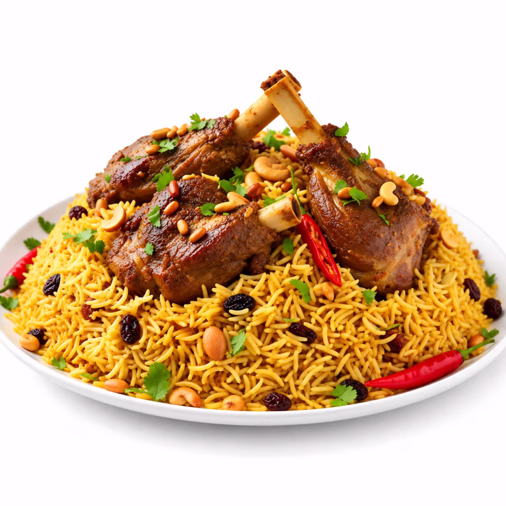 Golden spiced basmati rice topped with tender lamb shanks, cashews, raisins, almonds, fresh cilantro, and red chilies on a white plate.