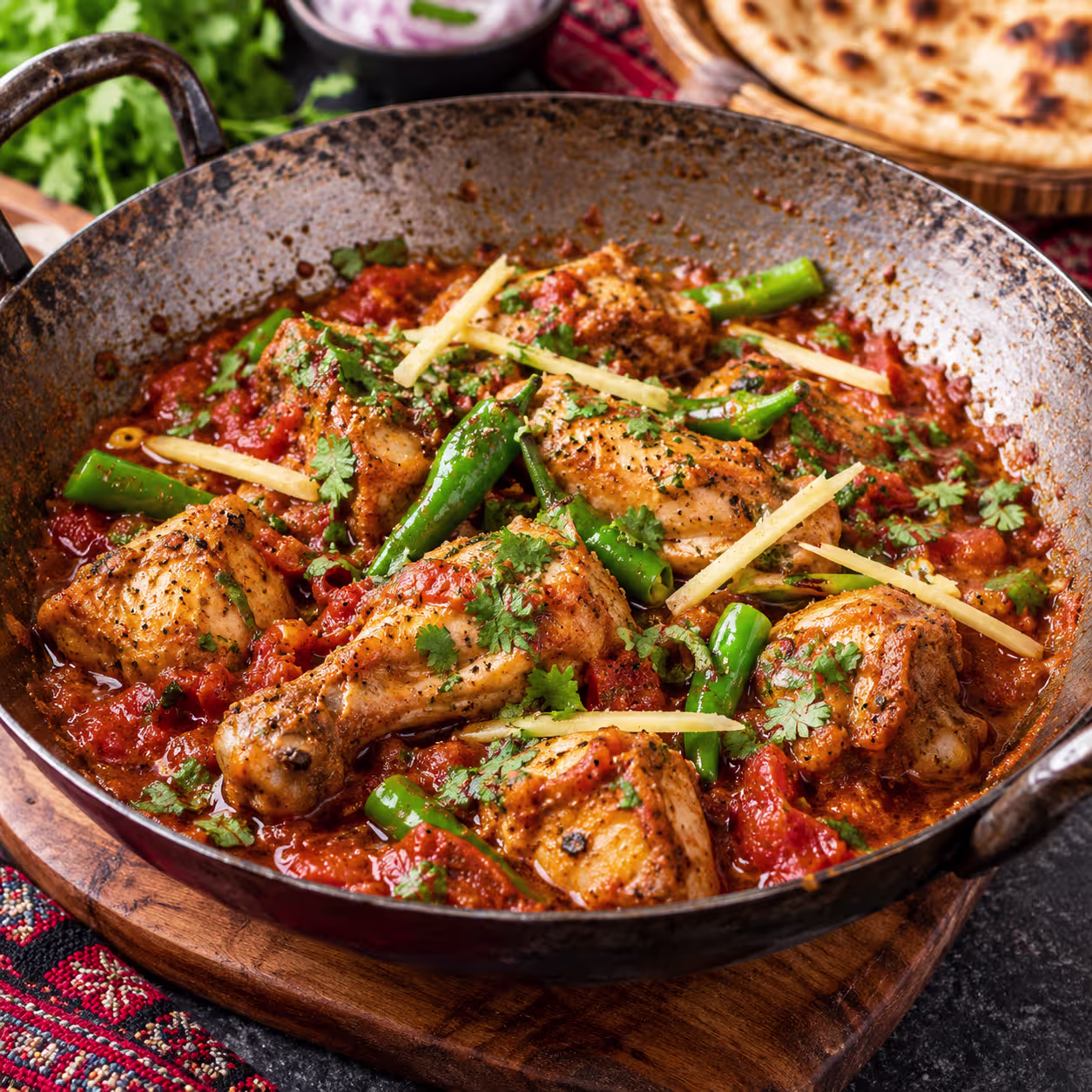 Lahori chicken karahi with tender chicken, fresh tomatoes, green chilies, ginger and coriander