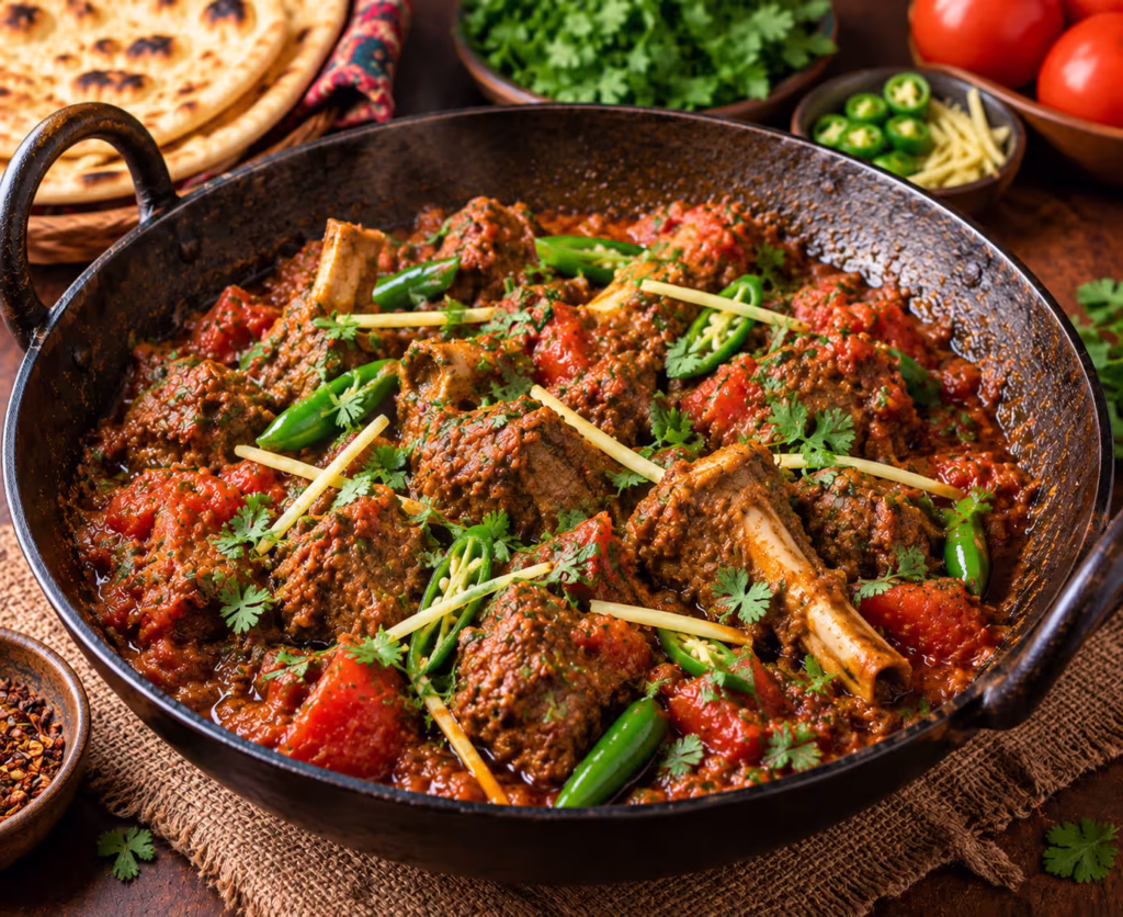 Authentic Pakistani lamb karahi with tender lamb tomatoes ginger green chilies and fresh coriander