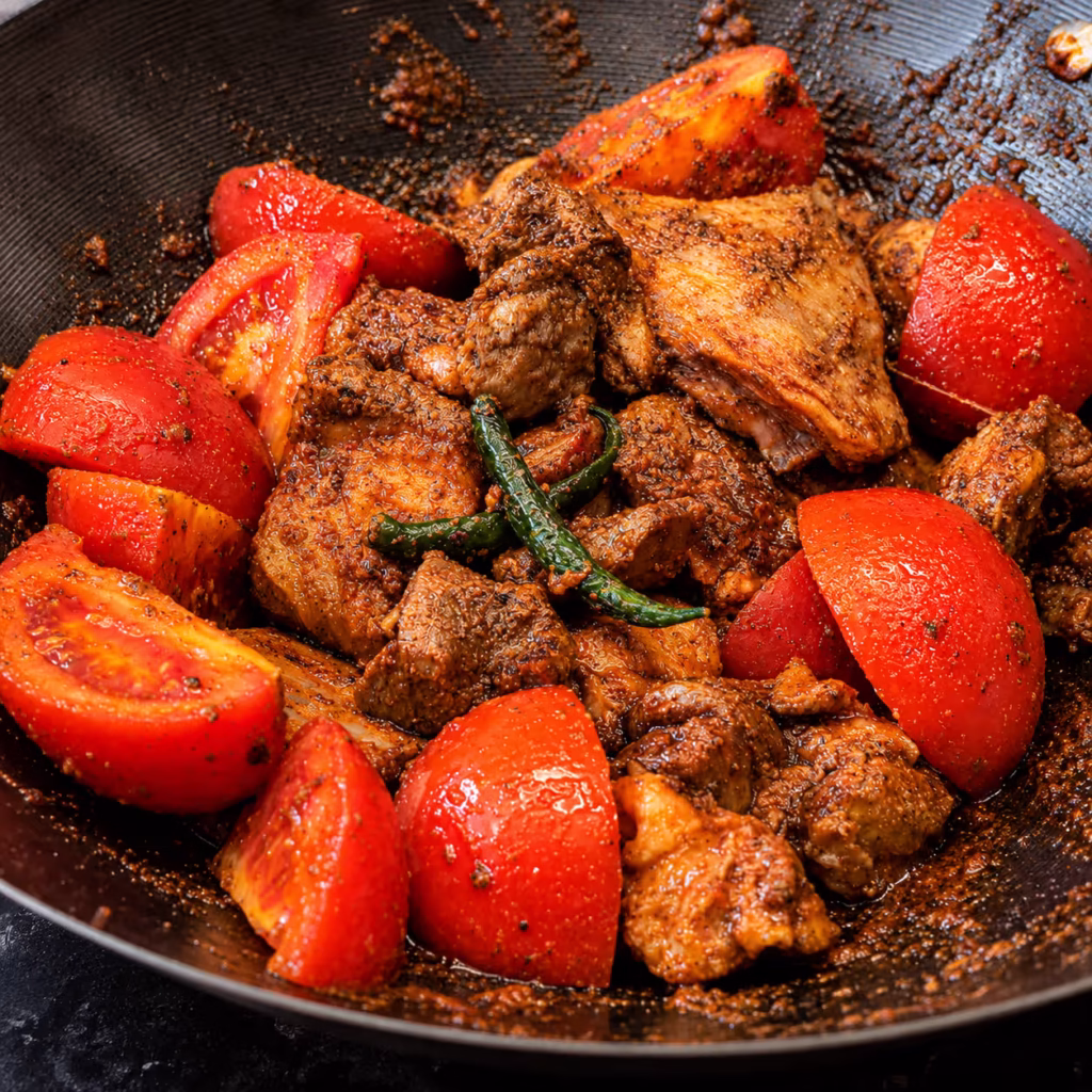 Sizzling mutton karahi with tender spiced lamb pieces, fresh tomato wedges, and green chilies cooked in a dark wok.