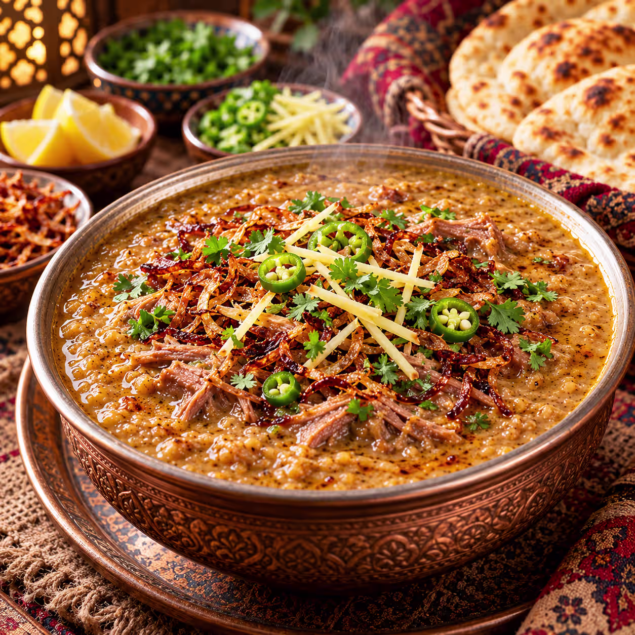Traditional Pakistani haleem with lentils, meat, grains, fried onions, ginger, green chilies and fresh coriander