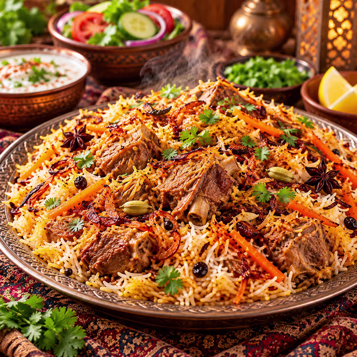 Traditional Pakistani pulao with fragrant basmati rice, tender meat, whole spices, fried onions and fresh coriander