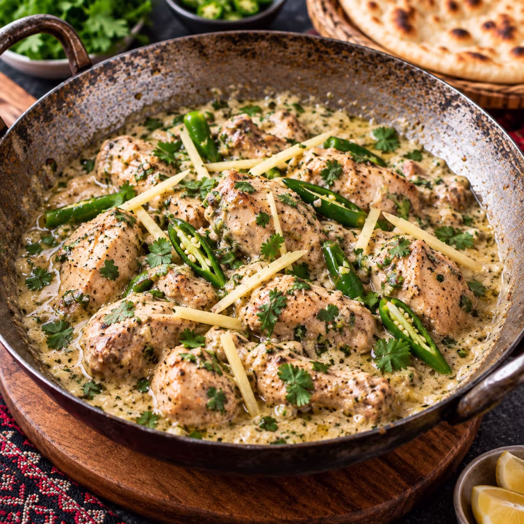 Pakistani white chicken karahi with creamy yogurt masala, green chilies, ginger and coriander