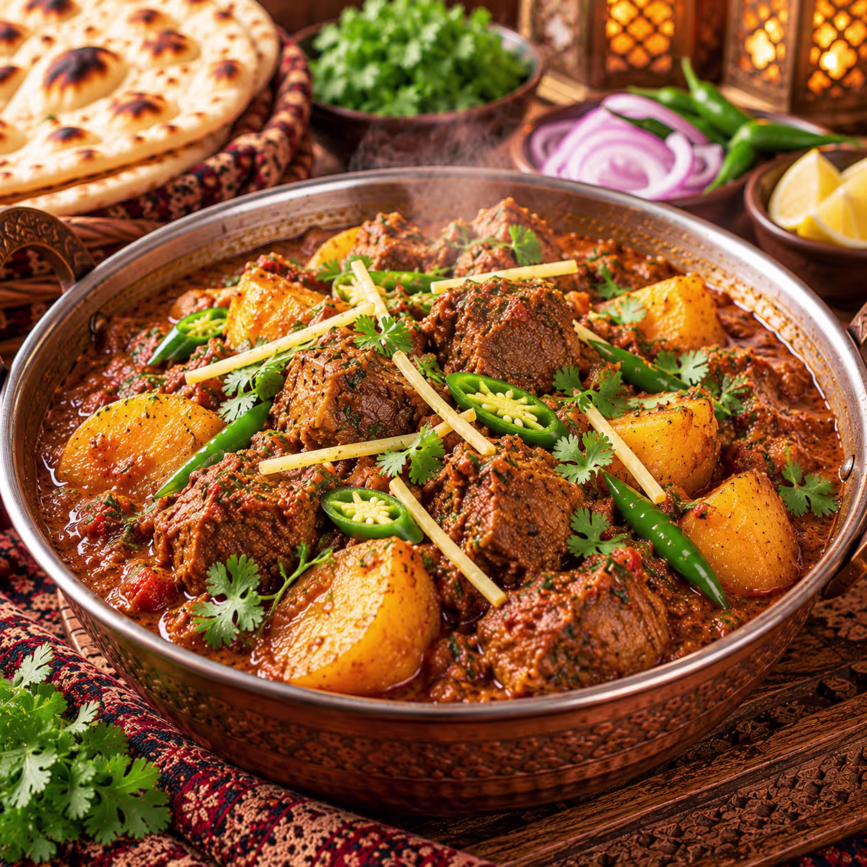 Traditional Punjabi aloo gosht with tender meat, potatoes, rich curry and fresh coriander