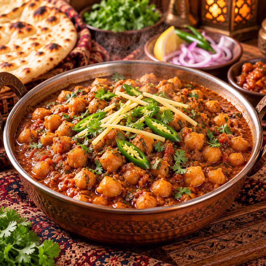 Alt Text: Traditional Punjabi chole with chickpeas, aromatic spices, ginger, green chilies and fresh coriander