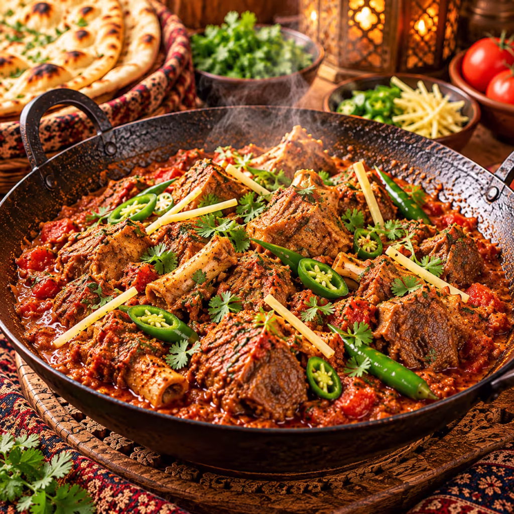 Traditional Punjabi mutton karahi with tender mutton, tomatoes, ginger, green chilies and fresh coriander