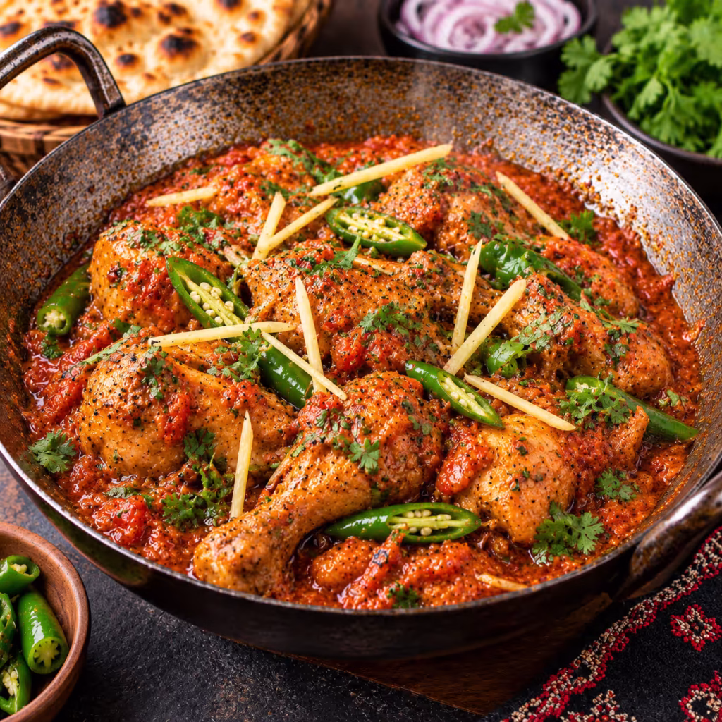 Restaurant style chicken karahi with tomatoes, ginger, green chilies and fresh coriander
