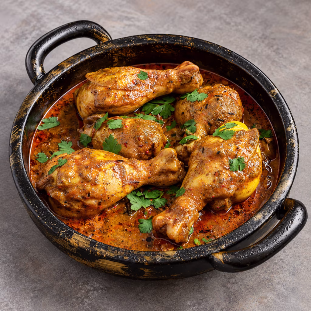 Tender chicken pieces in a rich, spiced reddish-brown curry, garnished with fresh cilantro and served in a rustic black pot.