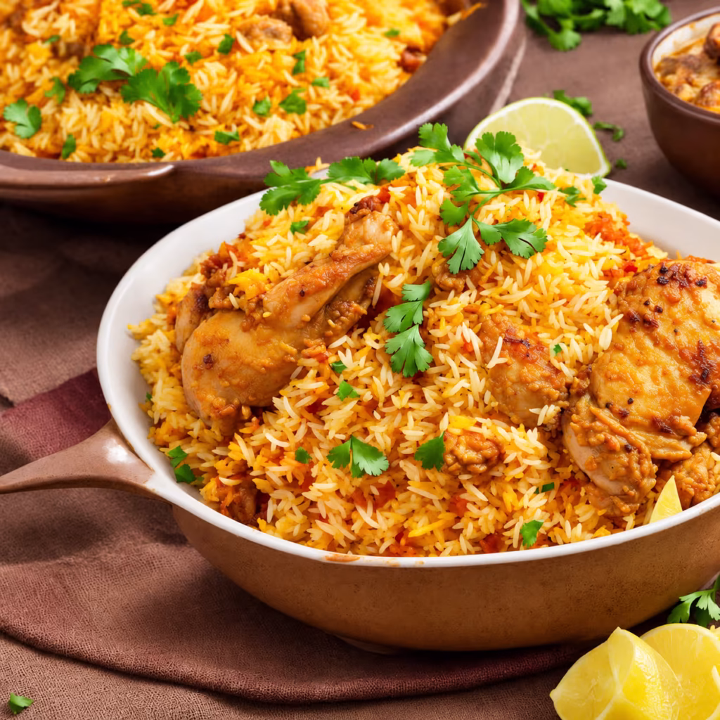 Chicken biryani with fluffy saffron basmati rice, tender chicken pieces, fresh cilantro, and lime wedges served in a rustic bowl.