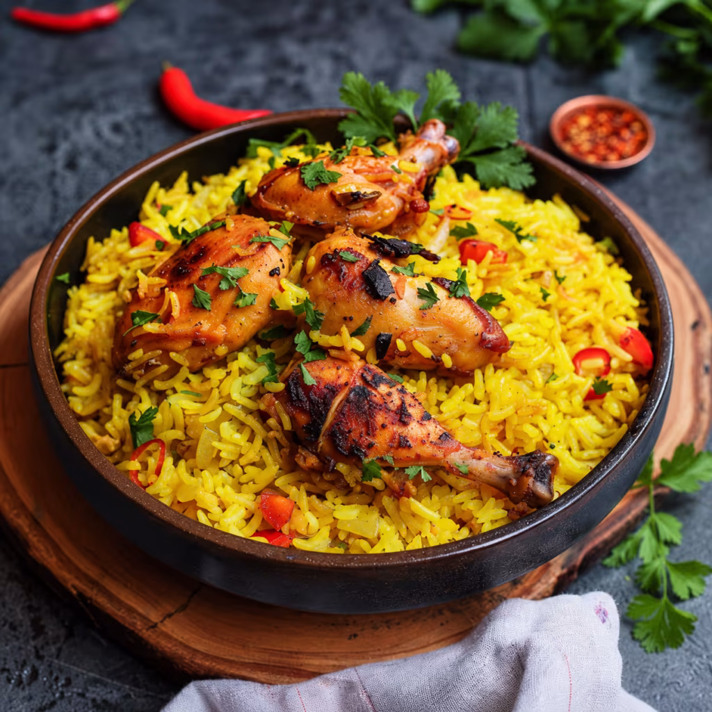 -Chicken biryani with fluffy saffron-yellow rice, grilled chicken pieces, red peppers, and fresh coriander served in a rustic bowl.