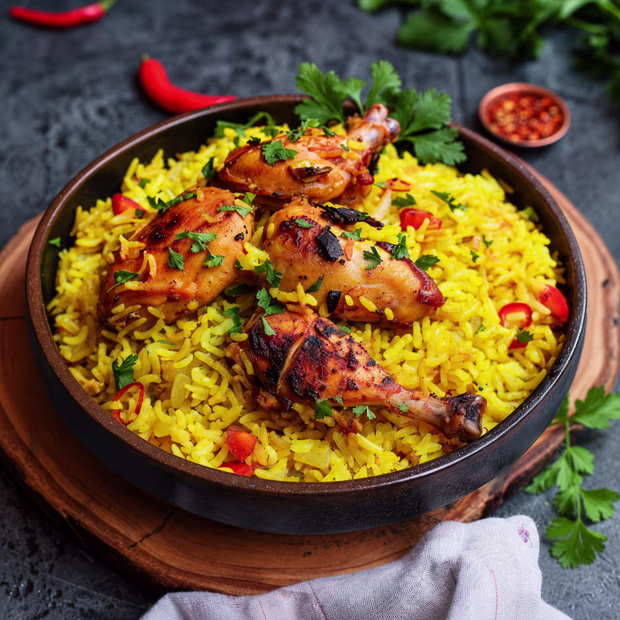 -Chicken biryani with fluffy saffron-yellow rice, grilled chicken pieces, red peppers, and fresh coriander served in a rustic bowl.