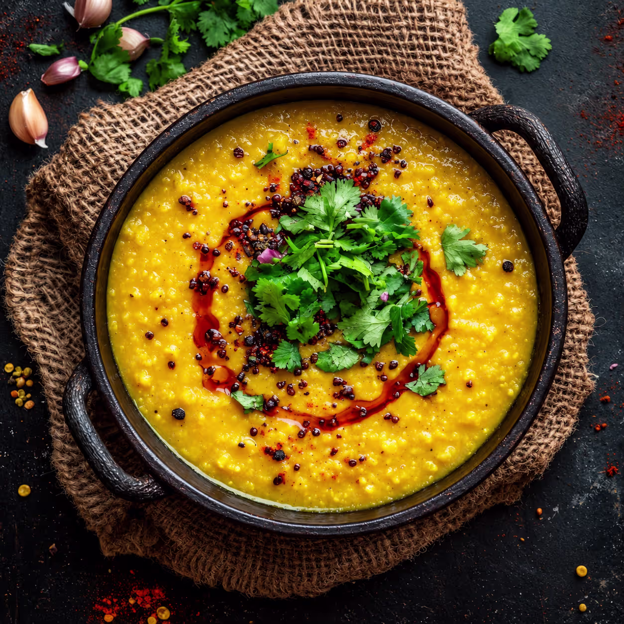 Creamy yellow lentil dal topped with fresh cilantro, red chili oil, and toasted spices in a rustic black pot.