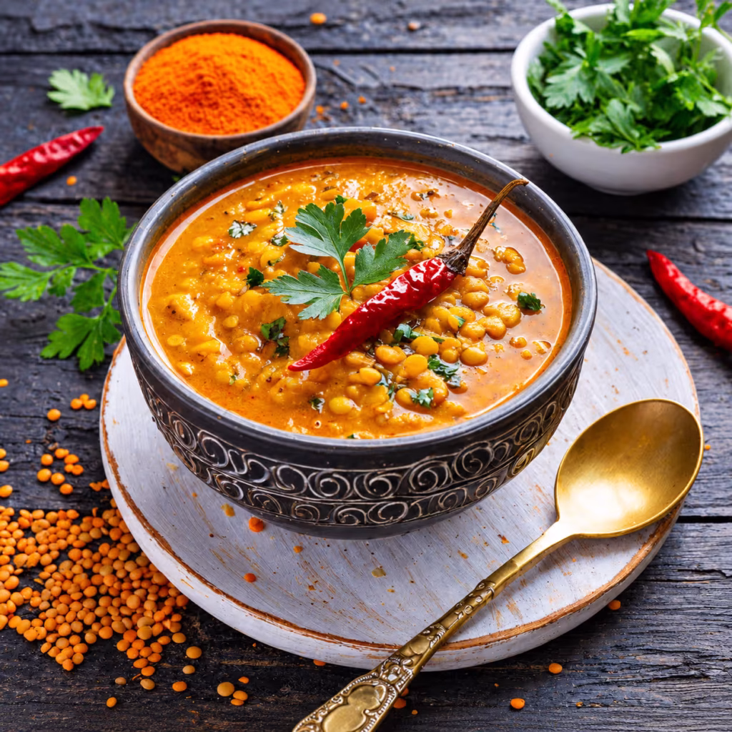Rich yellow lentil curry garnished with fresh parsley and a red chili, served in an ornate bowl with spices and lentils.