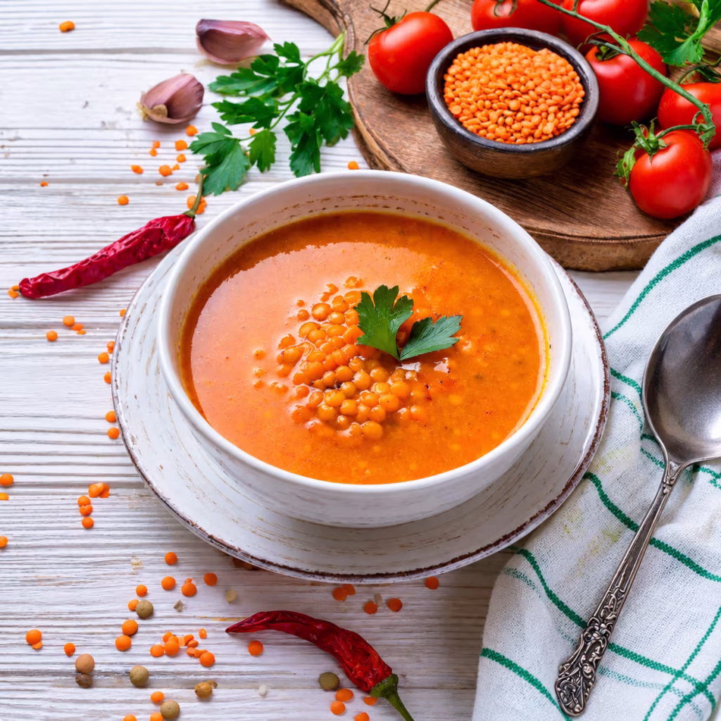 Orange-red masoor dal soup garnished with fresh parsley, served in a white bowl with tomatoes, lentils, garlic, and dried red chilies.