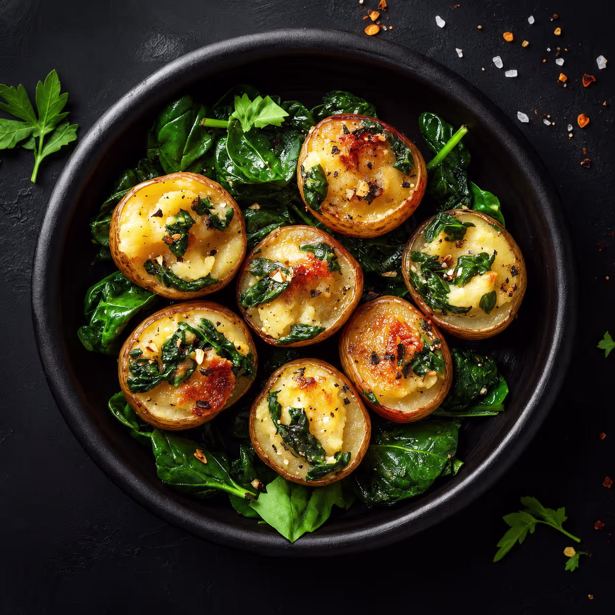 Stuffed baby potatoes with melted cheese and spinach served in a black bowl, garnished with herbs and spices.