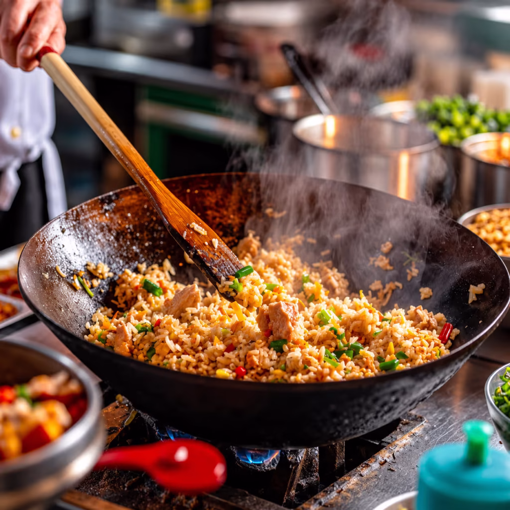 Chef stir-frying golden fried rice with chicken, vegetables, and spring onions in a hot wok over a gas flame, with steam rising in a busy professional kitchen.